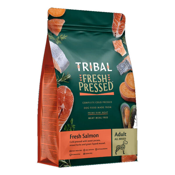 Cold pressed dog food in green bag